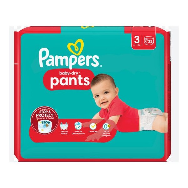 PAMPERS COUCHE BABY-DRY PANTS TAILLE 3 (6-11KG) 32 COUCHES