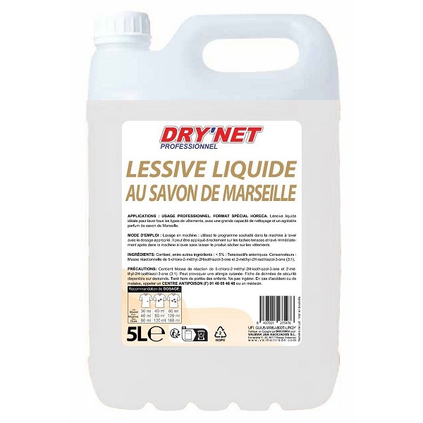Lessive liquide DRY'NET professionnel au savon de Marseille 5 L