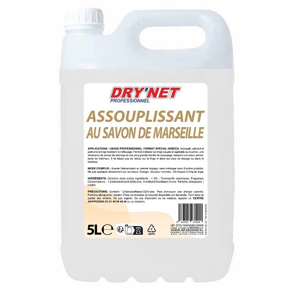 Assouplissant DRY'NET professionnel au savon de Marseille 5 L